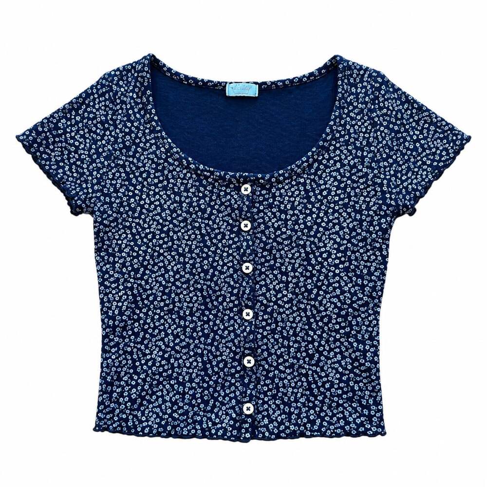 Brandy Melville Navy Blue Ditsy Floral Button Front Top Short Sleeve Scoop Neck